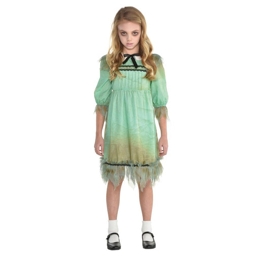 Creepy Girl costume with pale green dress, black neckline bow and distressed-look hem, size 10–12 years