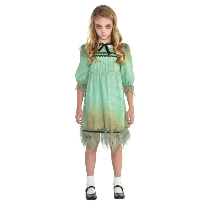 Creepy Girl costume with pale green dress, black neckline bow and distressed-look hem, size 10–12 years