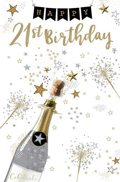 21st birthday card with black Happy bunting, gold-coloured lettering, a popping champagne bottle and gold and silver-coloured stars