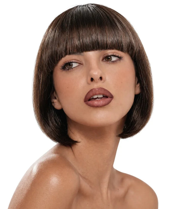 VIVA Margot brown straight bob wig with a blunt straight fringe and curved ends