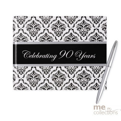90th Guest Book With Pen Damask Pattern