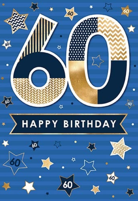 60th birthday card with a large navy, white and gold-coloured patterned number 60, stars and a Happy Birthday banner on a blue striped background.
