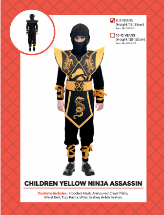 Childrens Yellow Ninja Assassin Costume 6-9 Years