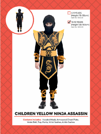 Childrens Yellow Ninja Assassin Costume 10-12 Years