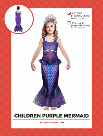 Children Purple Mermaid Costume 6-9 Years