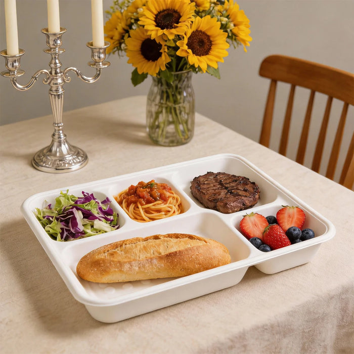 Bagasse 5 Compartment Tray -White