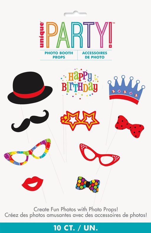 “Pack of 10 colourful birthday photo booth props, including glasses, bow ties, a moustache, crown, hat, lips and Happy Birthday sign.”⠋

