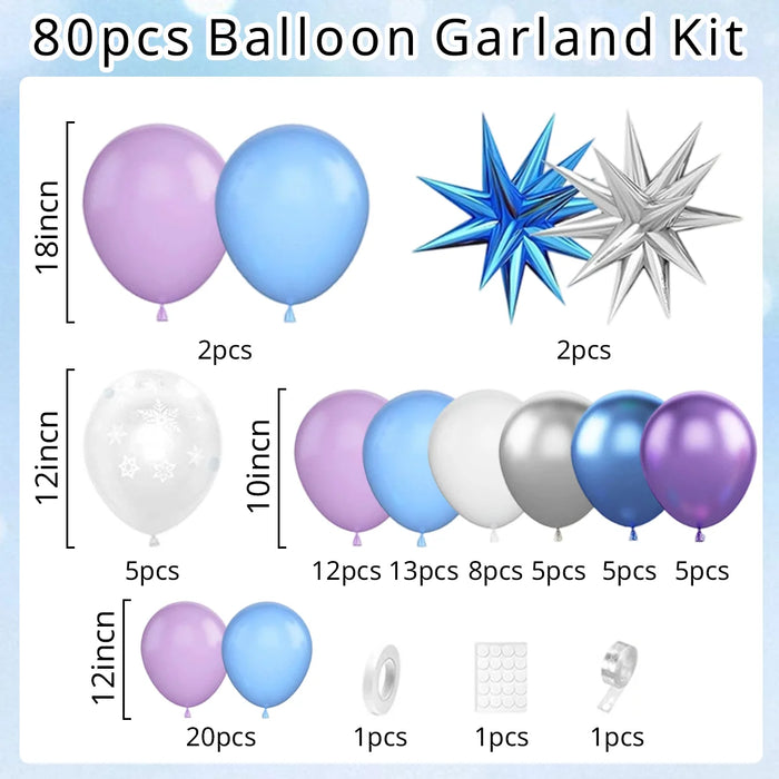 Blue and purple balloon garland kit contents diagram showing 80 pieces