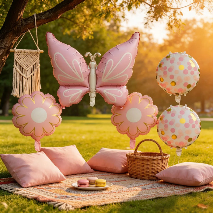 Pink Butterfly & Daisy Foil Balloon Set 5pcs