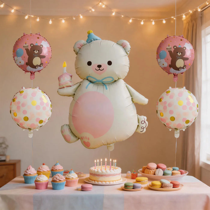 Pink bear foil balloon set styled birthday party display 2