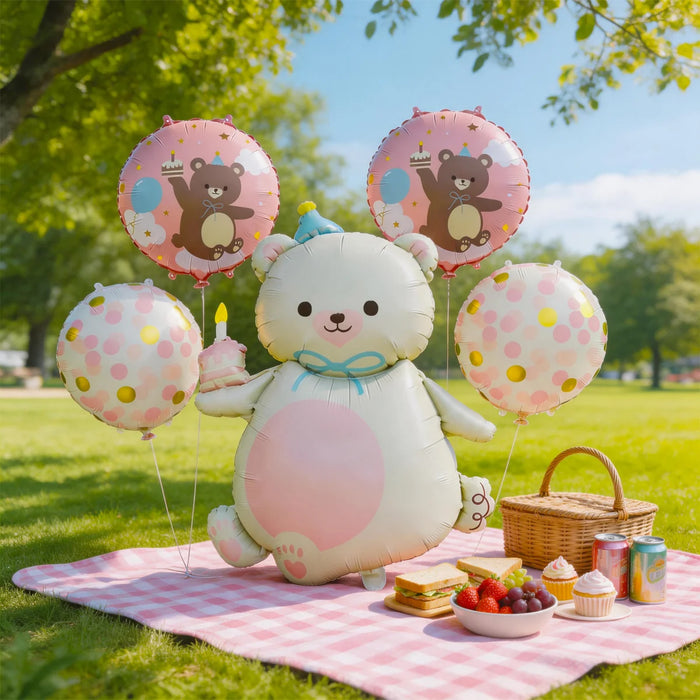 Pink bear foil balloon set styled picnic display