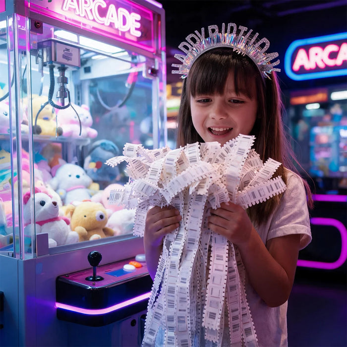 Girl wearing Happy Birthday silver foil headband at arcade