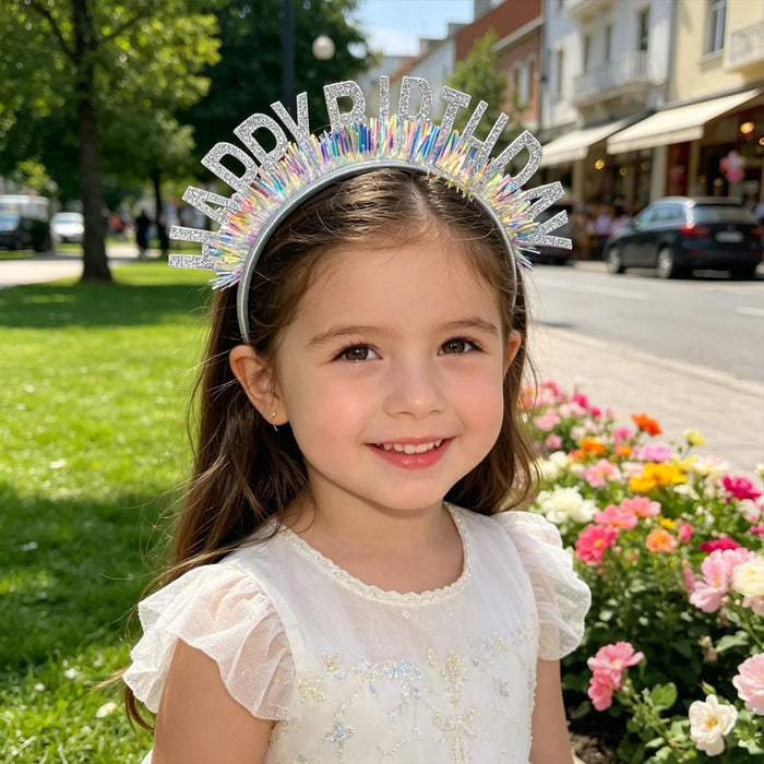 Happy Birthday silver foil headband lifestyle display