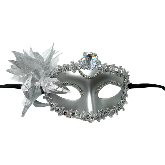 Silver carnival mask with glitter lace trim and organza flower on white background