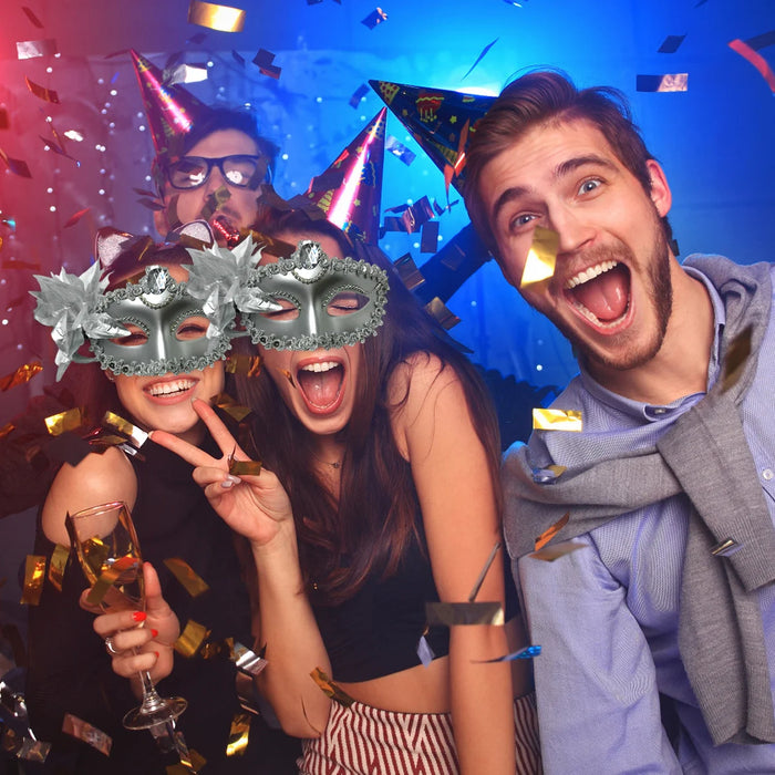 Silver carnival mask lifestyle party scene with confetti
