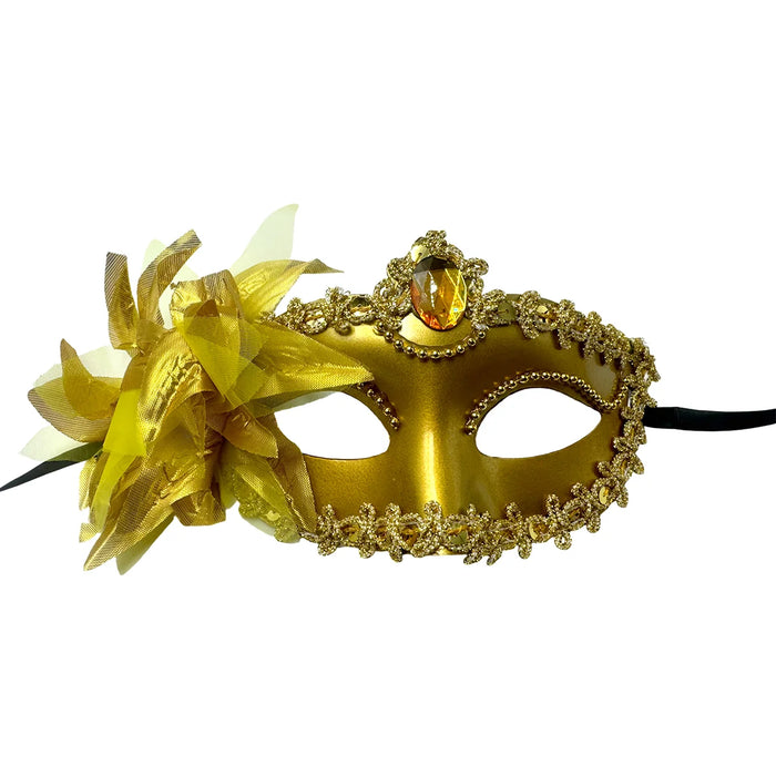 Gold carnival mask with glitter lace trim and organza flower on white background