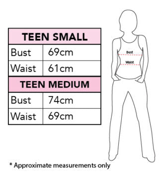 Franny Stein teen size chart: Medium bust 74 cm waist 69 cm; Small bust 69 cm waist 61 cm