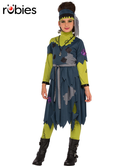 Franny Stein teen costume with patchwork dress, green sleeves and leggings, striped belt and matching headpiece; boots not included