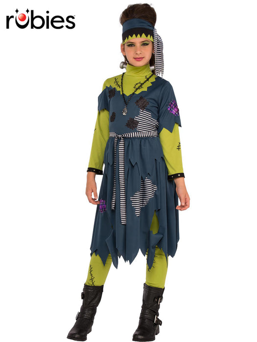 Franny Stein teen costume with patchwork dress, green sleeves and leggings, striped belt and matching headpiece; boots not included