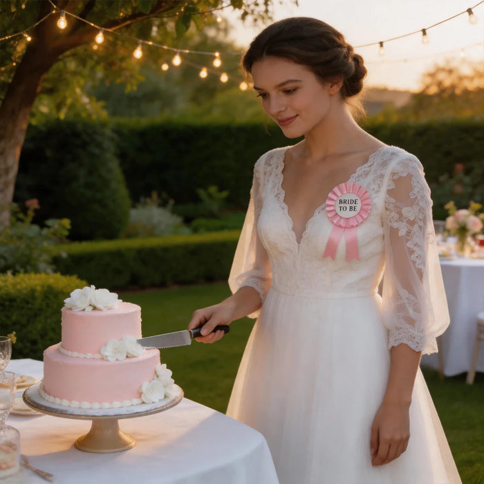 Bride wearing Bride To Be pink ribbon badge cutting wedding cake in garden