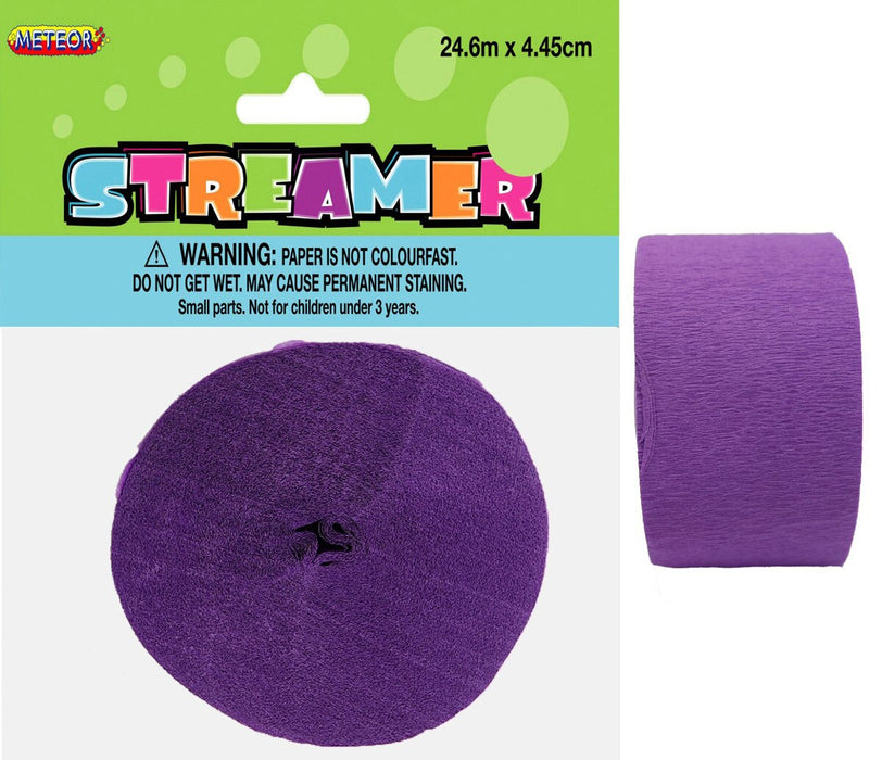 Purple 24.6m crepe streamer roll and packaging by Meteor Party