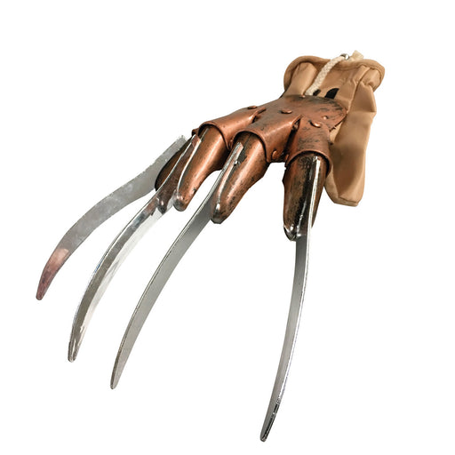 Freddy Krueger Glove - close-up of faux leather glove with brass-look knuckle plate and steel-look plastic blades