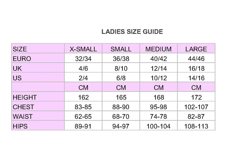Supplier women’s size chart, Medium 12–14, chest 95–98 cm, waist 74–78 cm and hips 100–104 cm