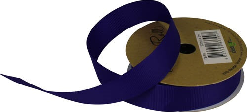 Deep purple grosgrain ribbon on a gold-coloured spool with a loose length displayed