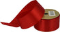 Wide red satin ribbon on a gold-coloured spool with a loose length displayed