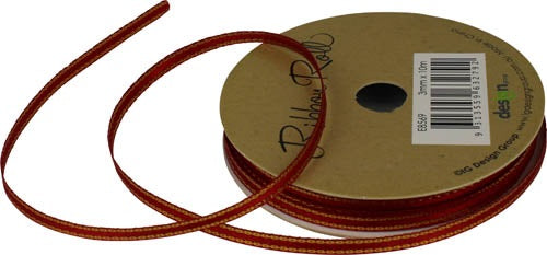 Narrow red satin special ribbon on a gold-coloured spool with a loose length displayed
