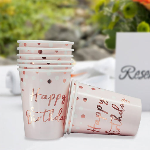 Happy Birthday Rose Gold Spotted Paper Cups 8 Pk