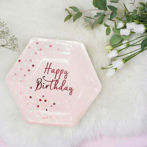Happy Birthday Rose Gold Spotted Paper Plates 8pk