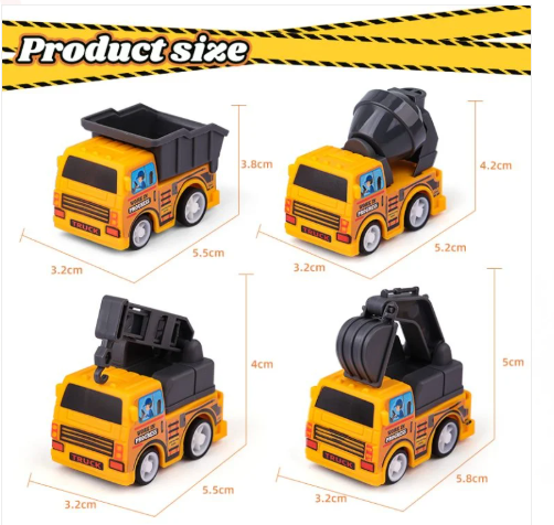Pull Back Engineering Vehicle Party Favour 4 Pk