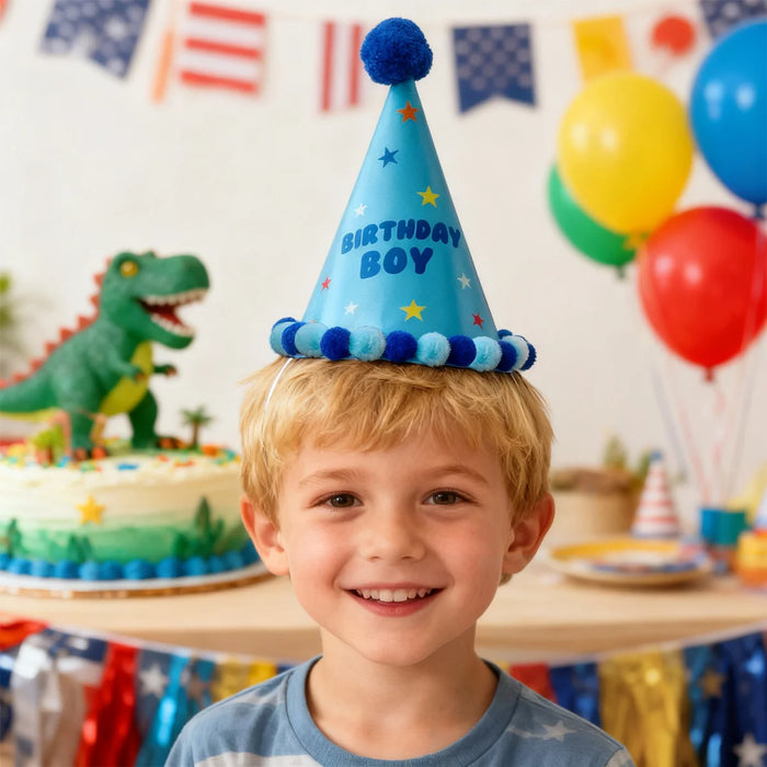 Pom Pom Party Hat - Blue Birthday Boy
