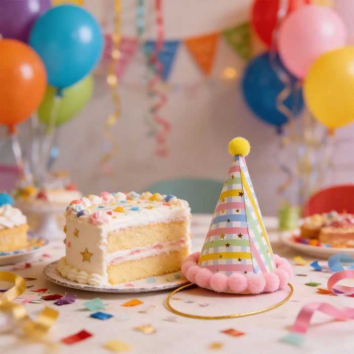 Pom Pom Party Hat - Pastel Rainbow With Gold Stars
