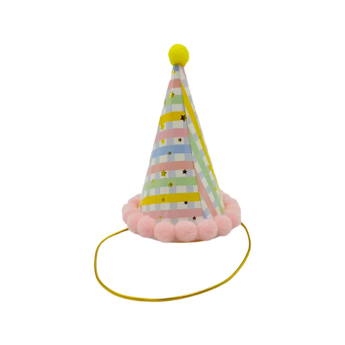 Pom Pom Party Hat - Pastel Rainbow With Gold Stars