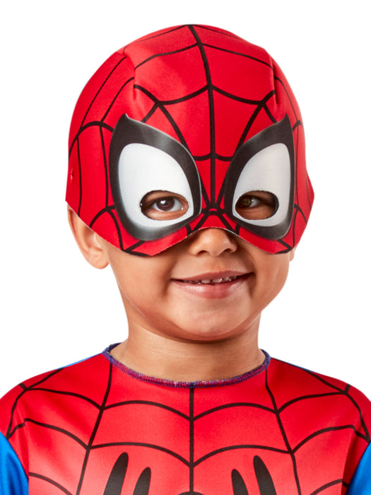 Close-up of soft red Spidey half mask with web print and eye openings