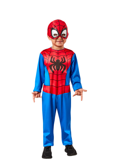Spidey and His Amazing Friends toddler costume with red-and-blue jumpsuit and soft half mask