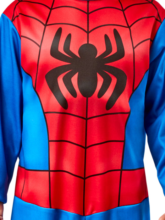 Close-up of printed black spider and web graphics on red Spidey costume bodice