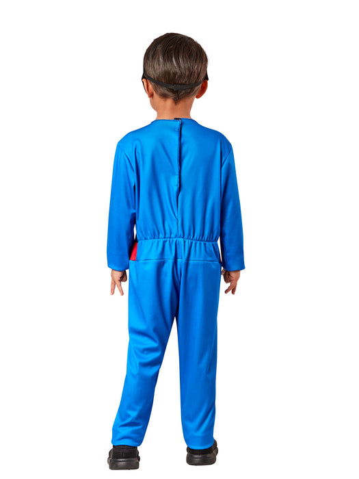 Back view of blue Spidey toddler jumpsuit showing rear closure and elasticised waist