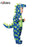 Full-length view of the blue and lime-green spotted Doug the Dino costume with hood and tail