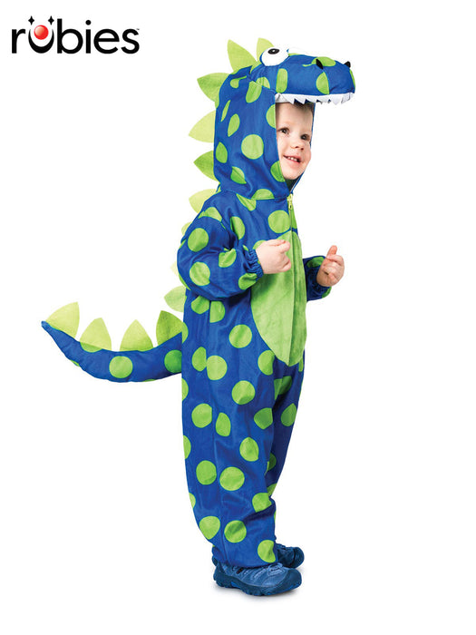 Full-length view of the blue and lime-green spotted Doug the Dino costume with hood and tail