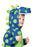Child wearing a blue and lime-green spotted dinosaur costume with hood and tail