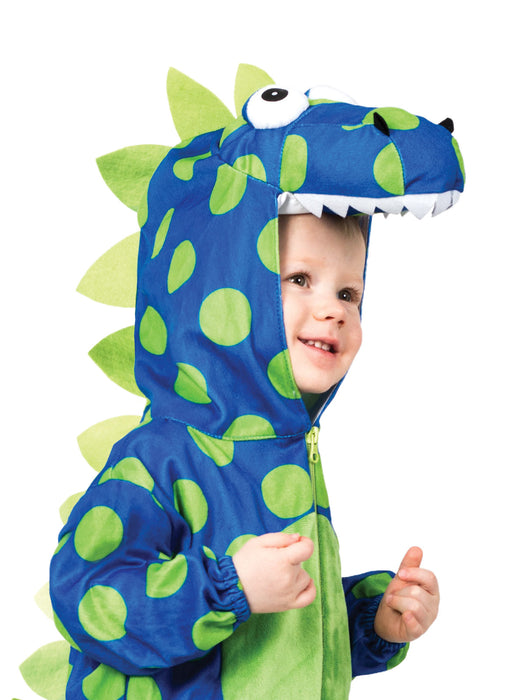 Child wearing a blue and lime-green spotted dinosaur costume with hood and tail