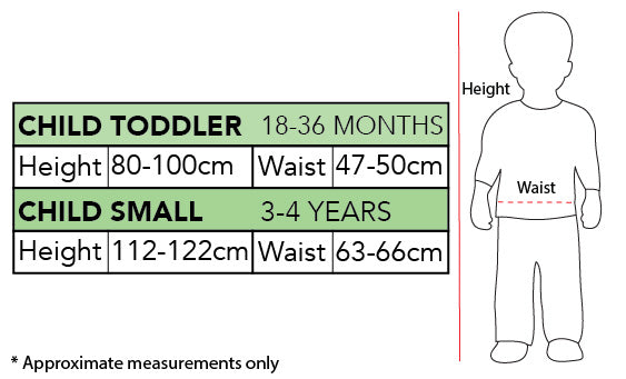 Rubies dinosaur costume sizing chart, toddler 18–36 months with height 80–100 cm and waist 47–50 cm, plus child small 3–4 years