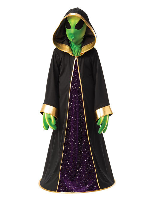 Alien deluxe costume with black hooded robe, gold trim, purple star panel, green mask and three-finger gloves