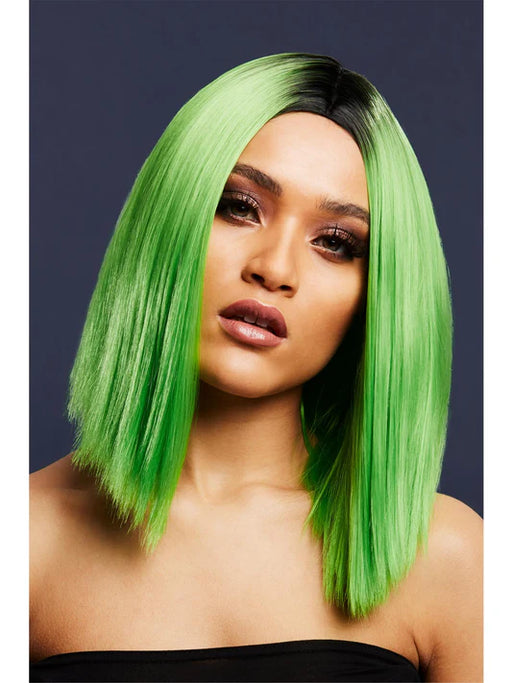 Fever Kylie Wig, Two Toned Blend, Inverted Long Bob, Centre Parting, 37cm/ 15in Lime Green