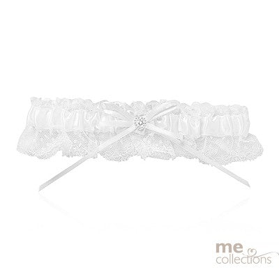 White Satin Garter With Lace And Diamante