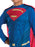 Close-up of the blue Superman jumpsuit with a red-and-yellow chest emblem and red cape.