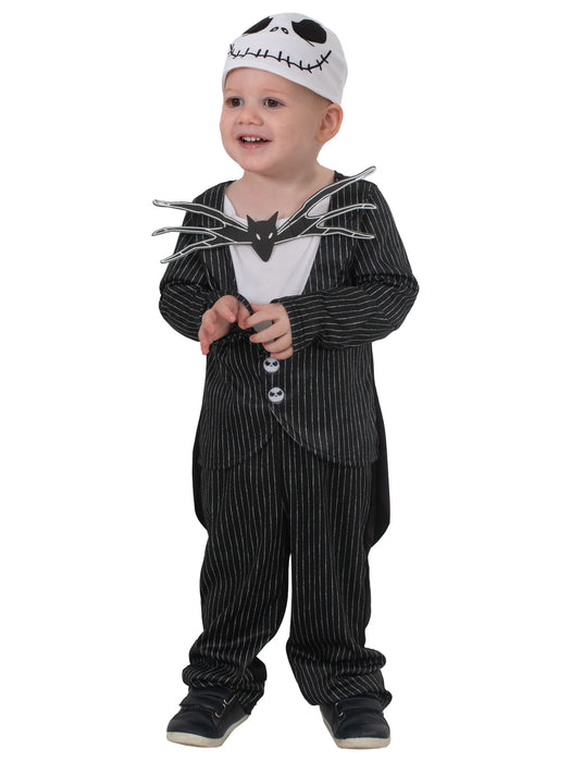 Toddler wearing Jack Skellington pin-striped suit costume with skull-face buttons and soft beanie headpiece